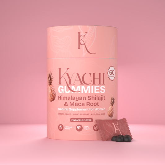 KYACHI Hormone Balance Gummies packaging with pink background and pineapple flavor details for women’s hormonal wellness.